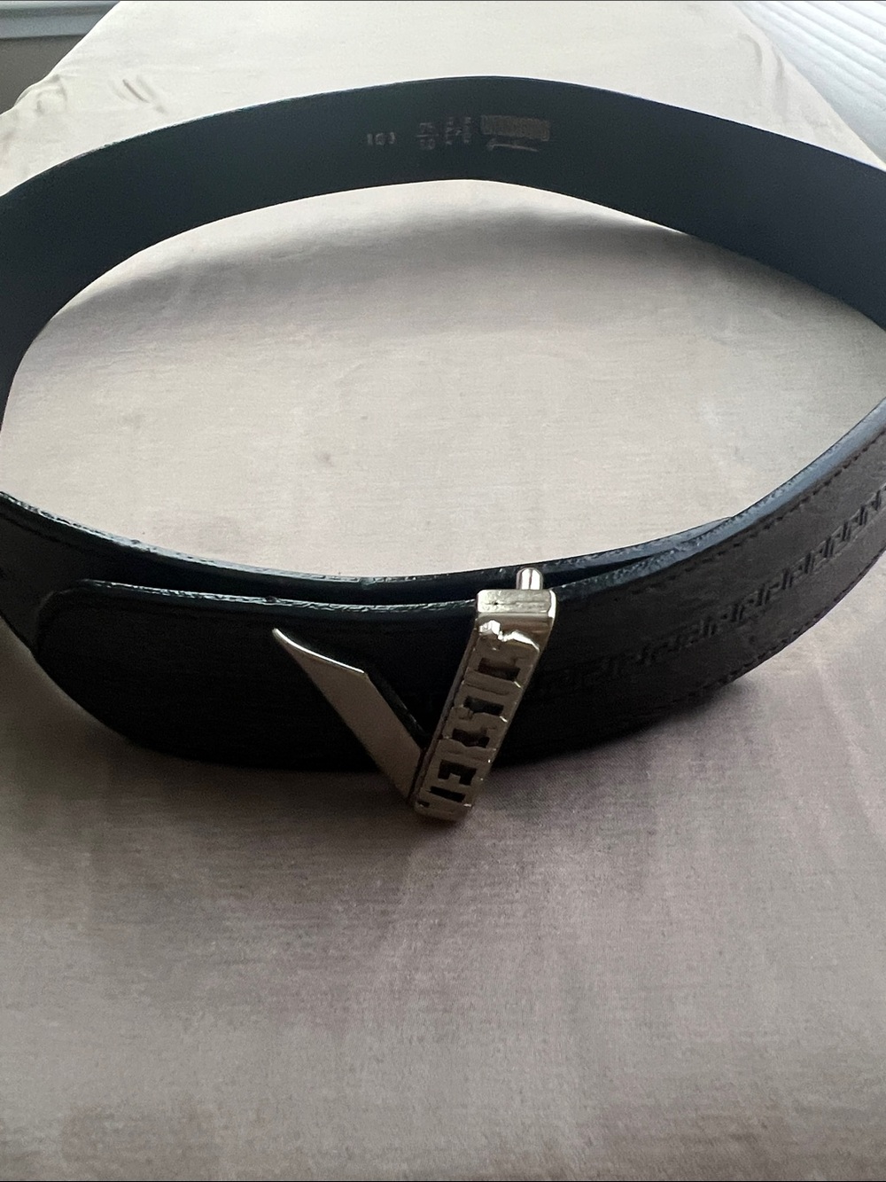 Vintage Versus By Versace Black Leather Belt with Silver V Engraved Logo Buckle
